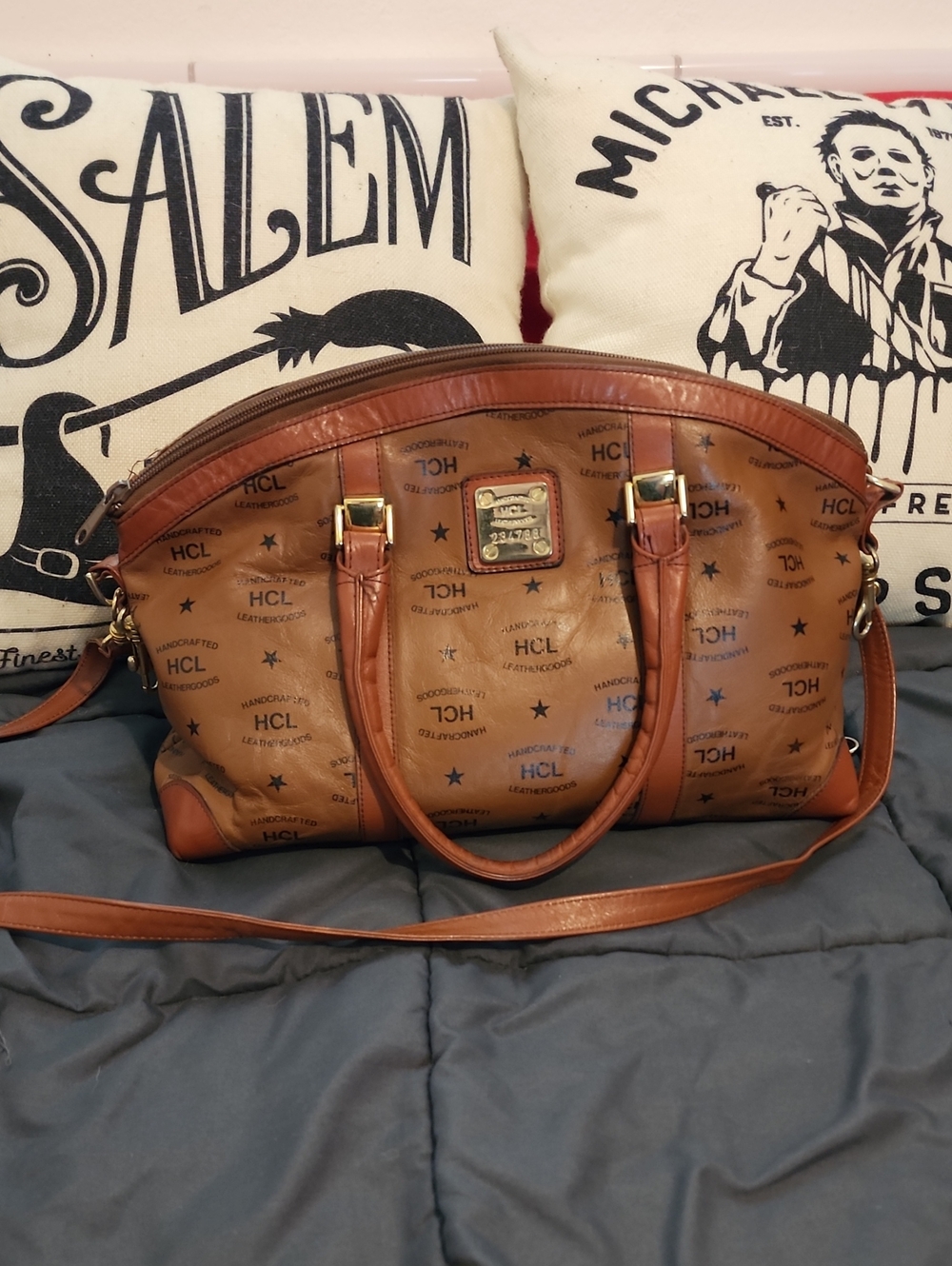 Authentic HCL Monogram Cognac Leather Satchel Bag 🛍️ Made In Germany